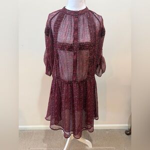 Staring at Stars Burgundy Sheer Floral Mini Dress with Tie Sleeves Size Small
